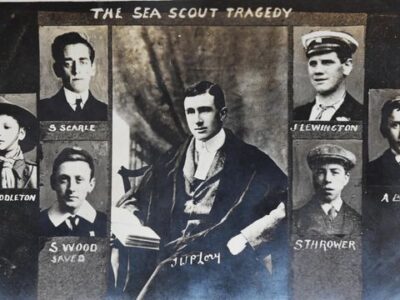 Photgraphic postcard remembering the victims of the Sea Scout Tragedy, including Stanley Wood
