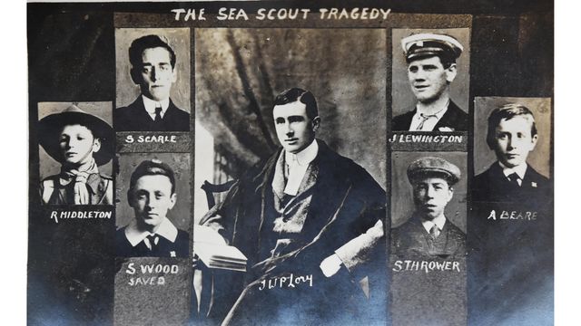 Photgraphic postcard remembering the victims of the Sea Scout Tragedy, including Stanley Wood