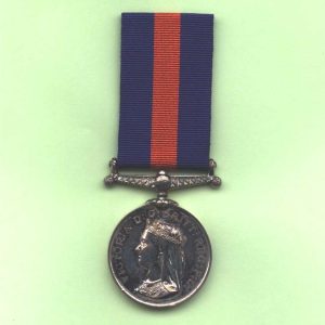 A silver medal with Queen Victoria's image. It hangs from a blue tibbon with a vertical red stripe down its centre. The New Zealand medal.