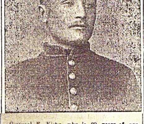 A grainy photograph of Cpl. Frank Kirby following his award of the Victoria Cross, as printed in a local newspaper.