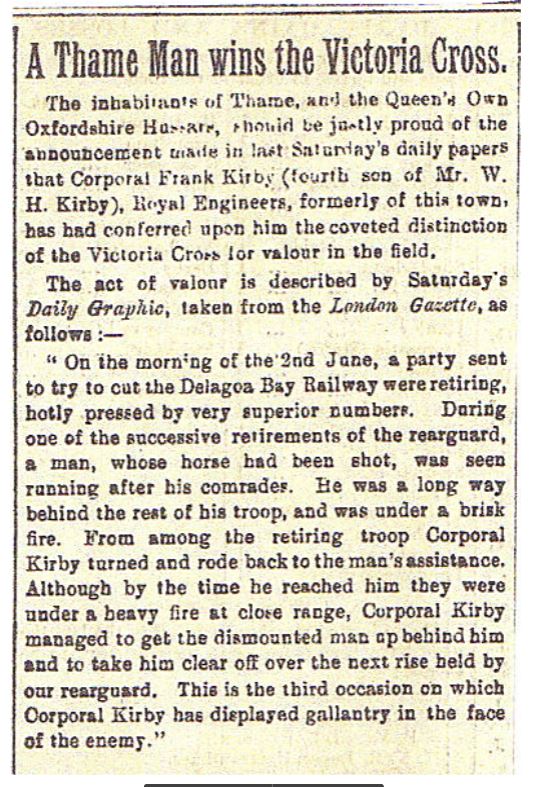 A newspaper clipping describing how Frank Kirby earned his Victoria Cross. It remind the reader he was a Thame man, and a member of the Queens Own Oxfordshire Hussars (Oxfordshire Yeomanry).