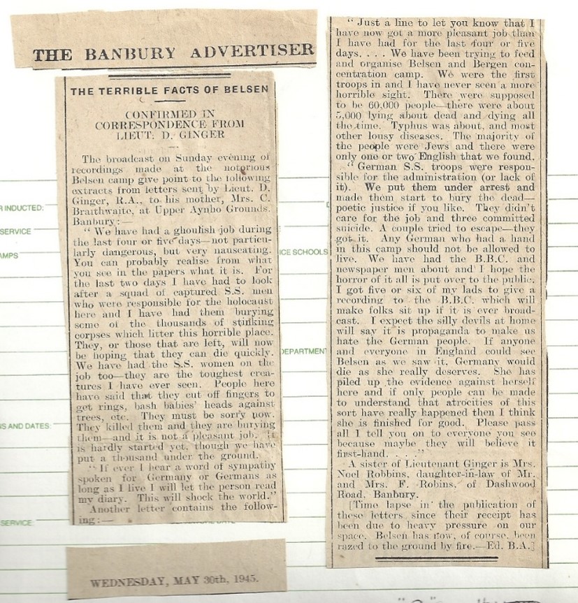 Figure 2 - Clipping from the Banbury Advertiser (30th May 1945) containing Ginger’s published letter to his mother, originally handwritten.